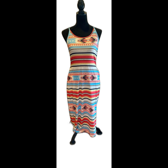 Maxi Dress Southwestern Spaghetti Strap Aztec Size Small T Shirt Fabric  Pockets - Picture 2 of 8